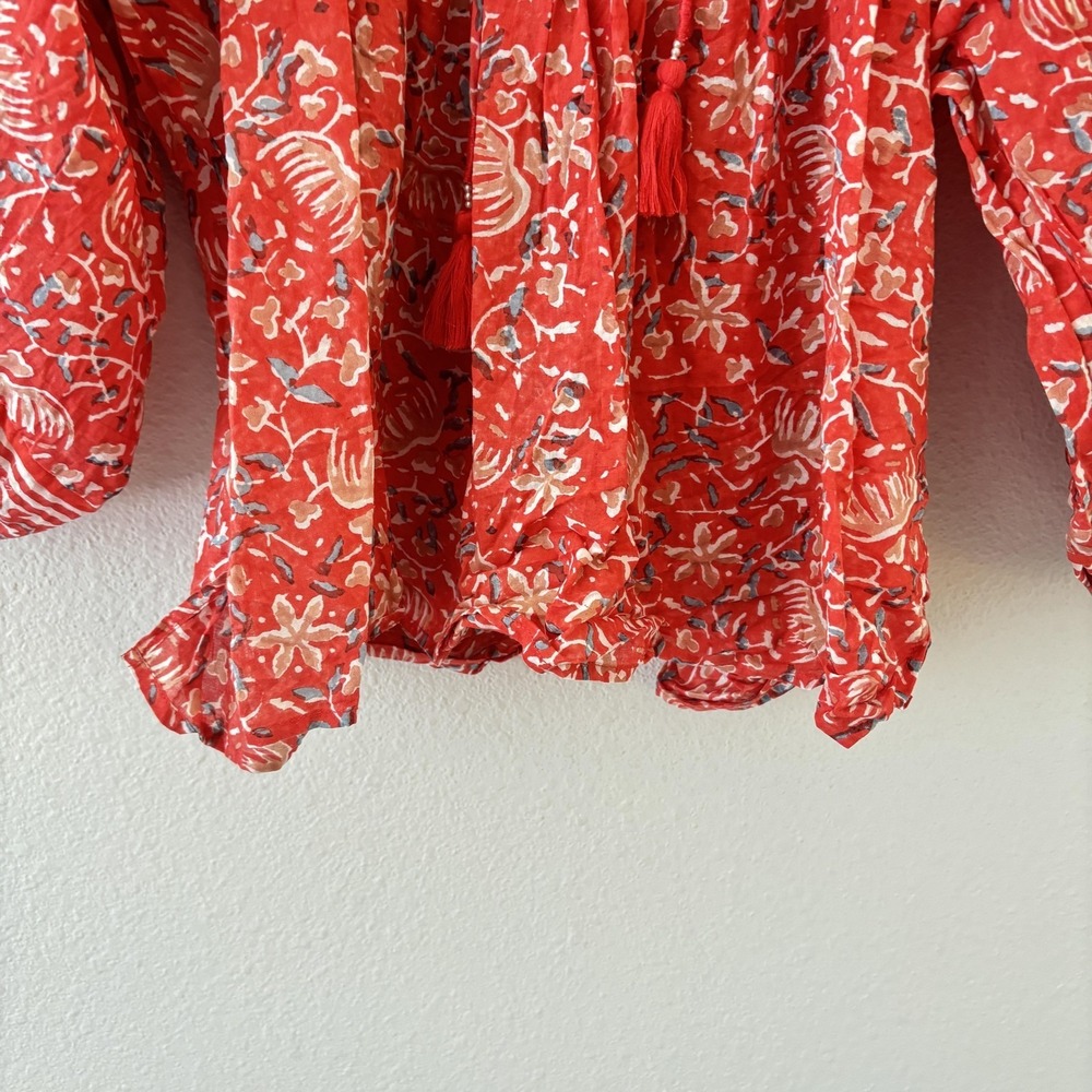 Cleobella Floral Peasant Tunic Top Womens XS Red Ruffle Tassel Boho Blouse - Picture 6 of 11